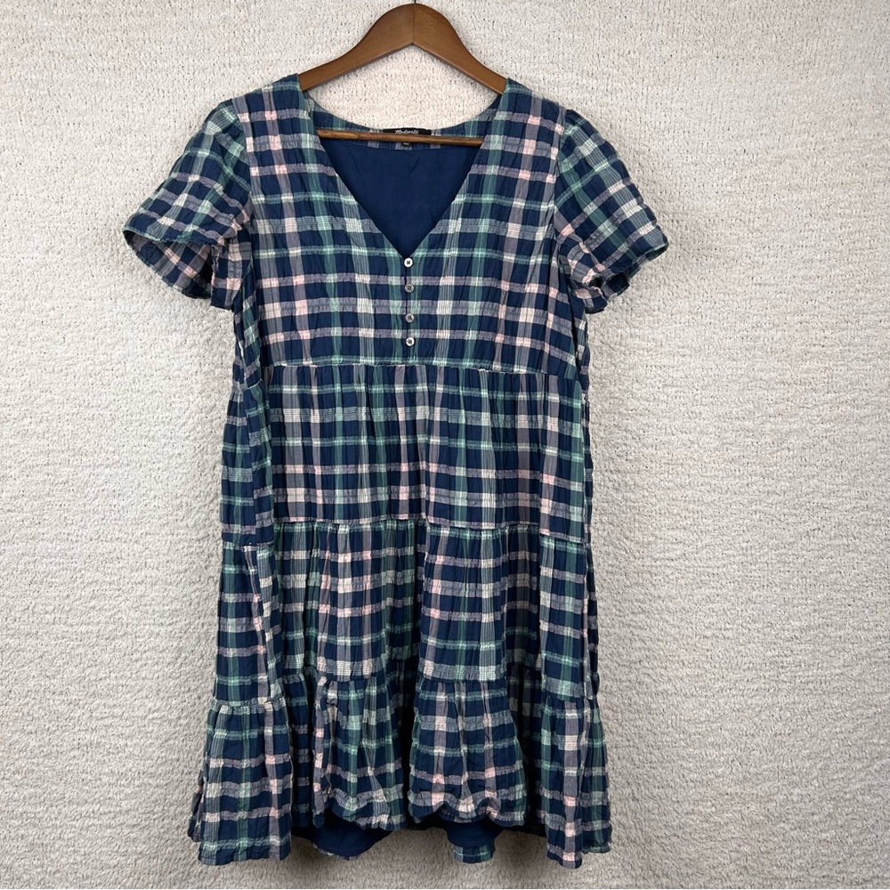 Madewell Dress Womens S Blue Plaid Button-Front‎ Tiered Babydoll Lined Dress